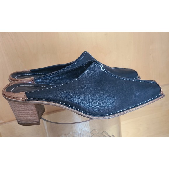 Linea Italian Black Leather EU 39 US 8.5 Square Toe Mules Made Italy Block Heel - Picture 2 of 7